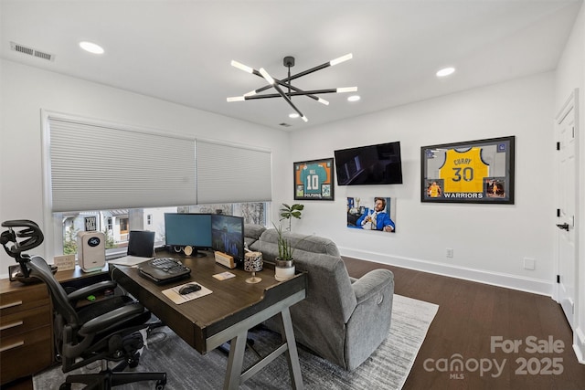 office space with visible vents, baseboards, wood finished floors, a chandelier, and recessed lighting