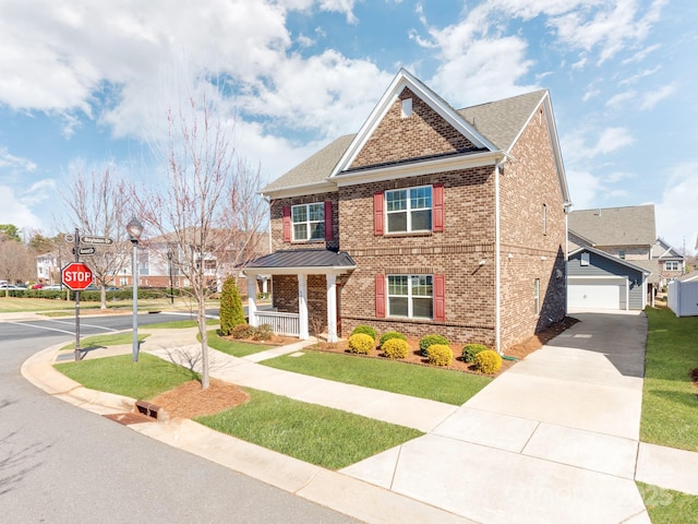 craftsman inspired home with a garage, brick siding, roof with shingles, an outbuilding, and a front yard