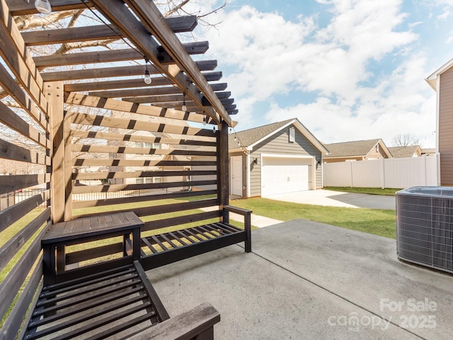 view of patio / terrace with a garage, central AC, an outdoor structure, fence, and a pergola