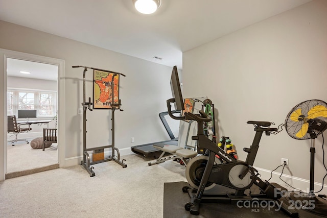 workout room featuring baseboards and carpet floors