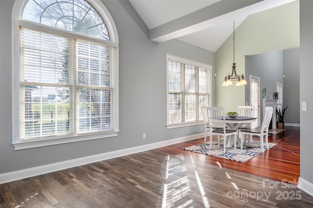 dining space featuring an inviting chandelier, wood finished floors, baseboards, and a healthy amount of sunlight