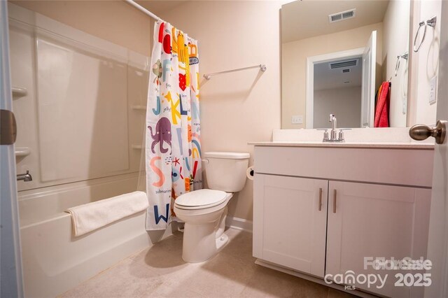 full bath with toilet, visible vents, shower / bath combo with shower curtain, and vanity