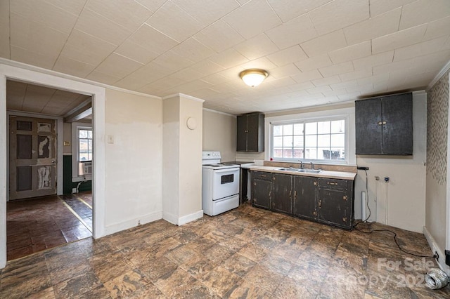 kitchen with a healthy amount of sunlight, white electric range oven, crown molding, and a sink