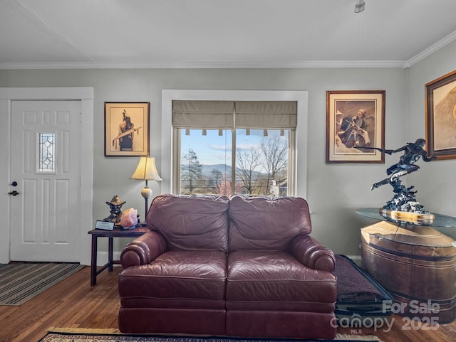 living area featuring crown molding, baseboards, and wood finished floors