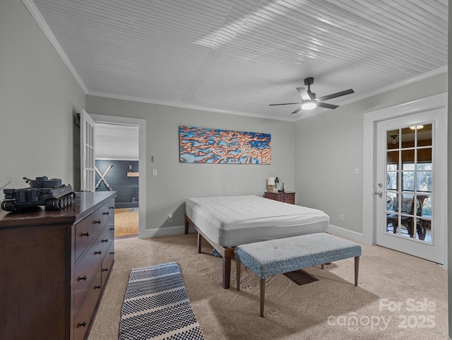 bedroom with crown molding, a ceiling fan, baseboards, and light carpet