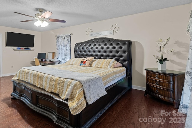 bedroom with a textured ceiling, wood finished floors, a ceiling fan, and baseboards