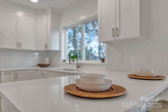 kitchen featuring white cabinetry, light countertops, and a sink