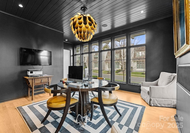 home office with recessed lighting, wood ceiling, and wood finished floors