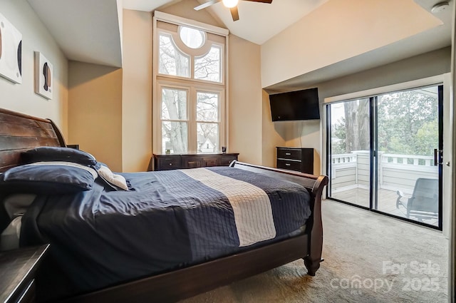 bedroom featuring carpet floors, high vaulted ceiling, a ceiling fan, and access to outside