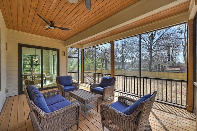 sunroom with wooden ceiling and a ceiling fan