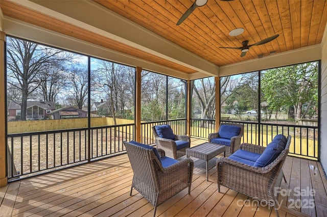 sunroom / solarium featuring wood ceiling, a healthy amount of sunlight, and ceiling fan