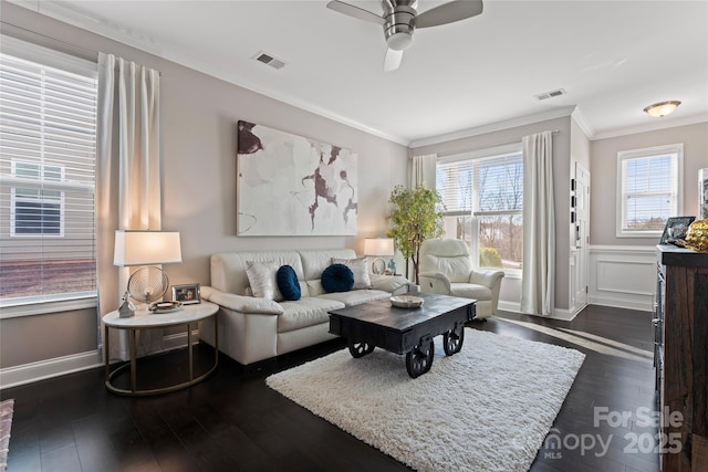 919 Pennington Dr, Lancaster, SC 29720 - living area featuring a ceiling fan, visible vents, dark wood-style floors, and crown molding