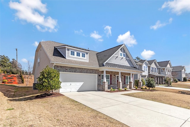 view of front of property featuring driveway, a standing seam roof, a porch, a shingled roof, and metal roof