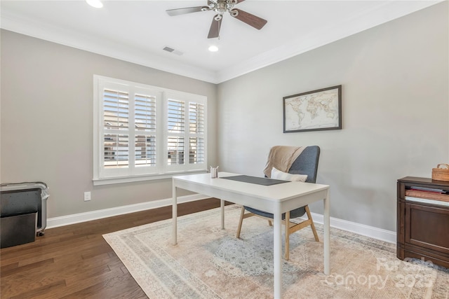 2934 Hiddenbrook Way, Fort Mill, SC 29707 - home office with visible vents, ceiling fan, baseboards, ornamental molding, and wood finished floors