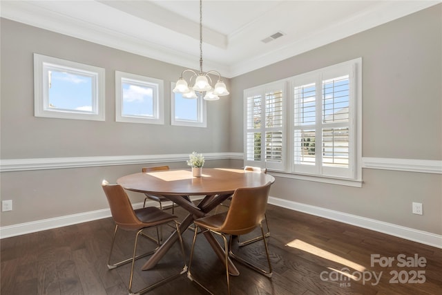 2934 Hiddenbrook Way, Fort Mill, SC 29707 - dining room with visible vents, a raised ceiling, ornamental molding, dark wood-style floors, and baseboards