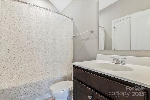 2934 Hiddenbrook Way, Fort Mill, SC 29707 - full bathroom featuring toilet, vanity, a shower with curtain, and vaulted ceiling
