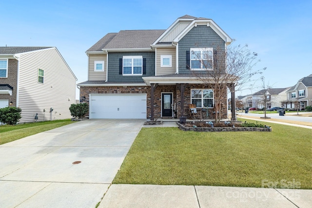 craftsman house with an attached garage, covered porch, concrete driveway, and a front yard