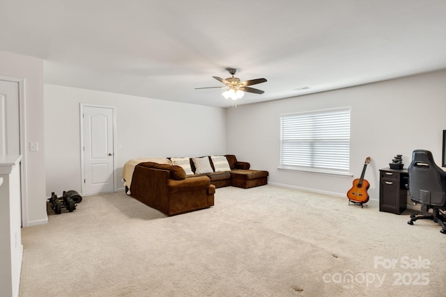 carpeted living area with a ceiling fan, visible vents, and baseboards