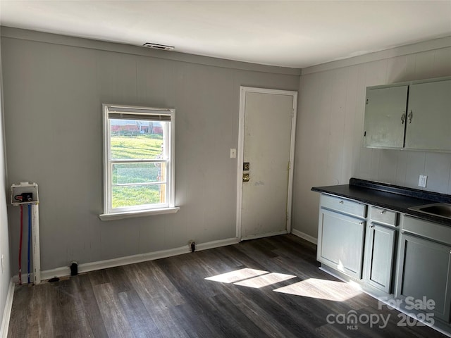 unfurnished dining area featuring a sink, dark wood finished floors, visible vents, and baseboards