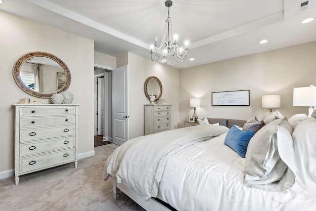 305 Basil Dr, Indian Trail, NC 28079 - bedroom featuring recessed lighting, light colored carpet, a chandelier, and a raised ceiling