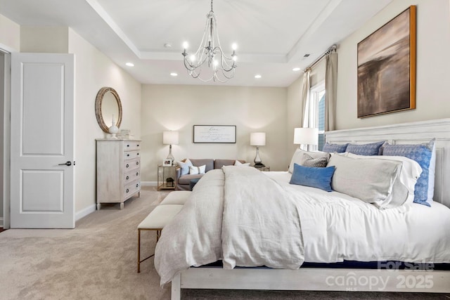 305 Basil Dr, Indian Trail, NC 28079 - bedroom with a tray ceiling, light colored carpet, a chandelier, and recessed lighting