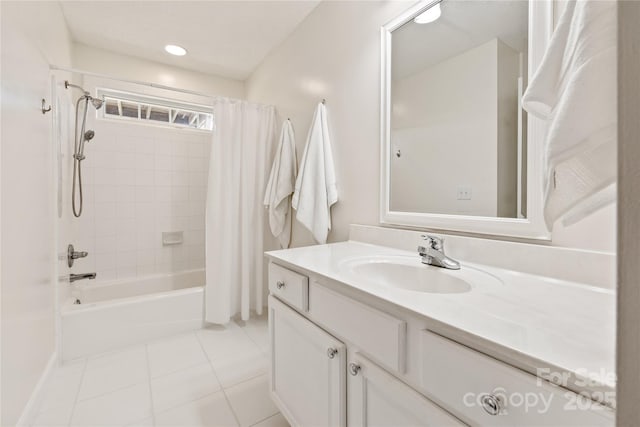 bathroom featuring shower / tub combo, recessed lighting, vanity, and tile patterned floors