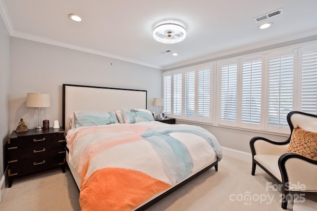 bedroom with ornamental molding, light colored carpet, visible vents, and recessed lighting