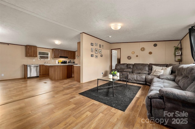 living area featuring a textured ceiling and light wood-type flooring