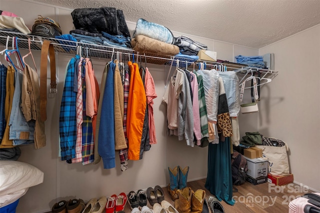 walk in closet with wood finished floors