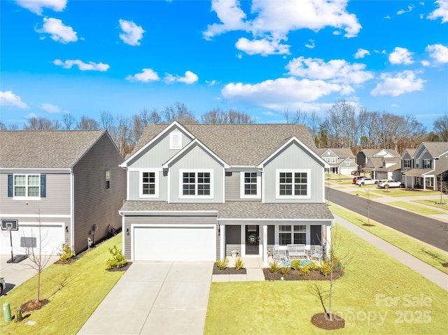 traditional-style house with covered porch, a garage, concrete driveway, a front lawn, and board and batten siding