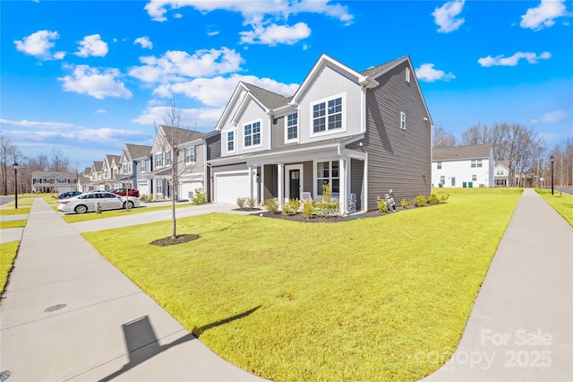 traditional home featuring an attached garage, concrete driveway, a residential view, board and batten siding, and a front yard