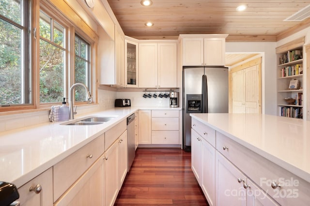 kitchen featuring wooden ceiling, dark wood-type flooring, stainless steel appliances, and a sink