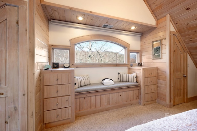 bathroom featuring recessed lighting, visible vents, wood ceiling, vaulted ceiling, and wood walls