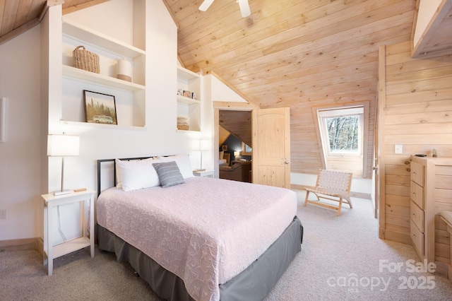 bedroom with lofted ceiling, wood walls, wood ceiling, and light carpet