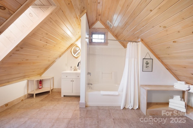 full bath with visible vents, lofted ceiling, wood ceiling, shower / bath combo with shower curtain, and vanity