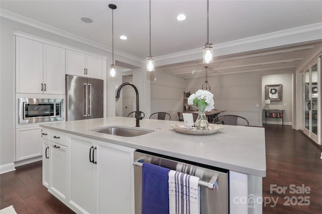 kitchen with dark wood finished floors, an island with sink, a sink, ornamental molding, and stainless steel appliances