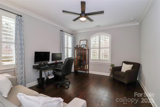 office area with wood finished floors, a healthy amount of sunlight, baseboards, and ornamental molding