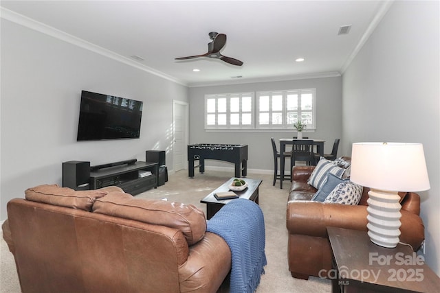 living room with visible vents, crown molding, light carpet, recessed lighting, and a ceiling fan