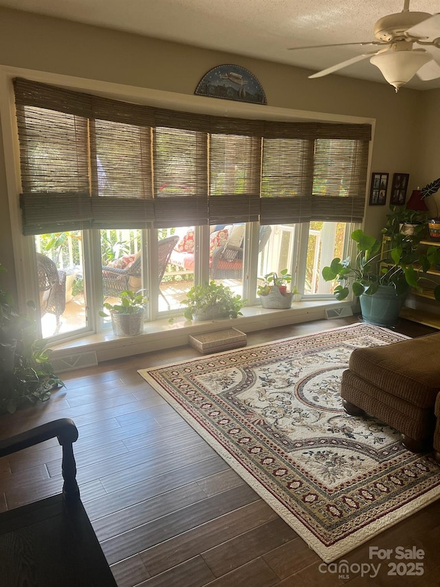 living area featuring ceiling fan and wood finished floors