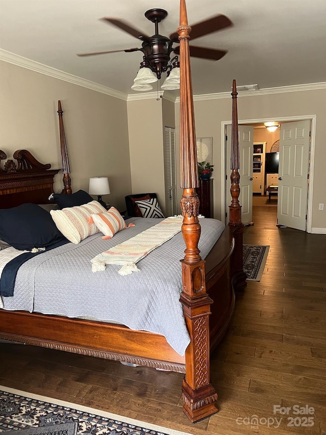 bedroom with wood-type flooring, ceiling fan, and crown molding