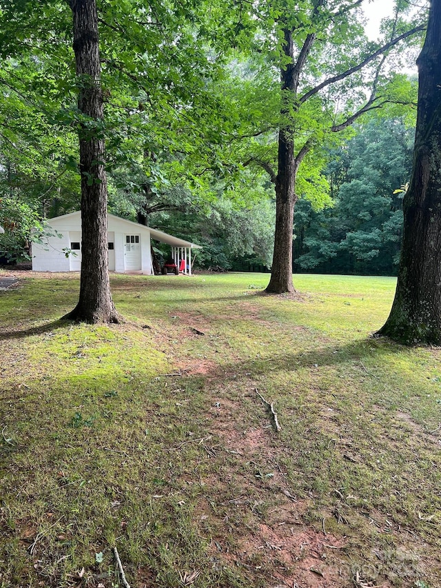 view of yard featuring a garage and a carport