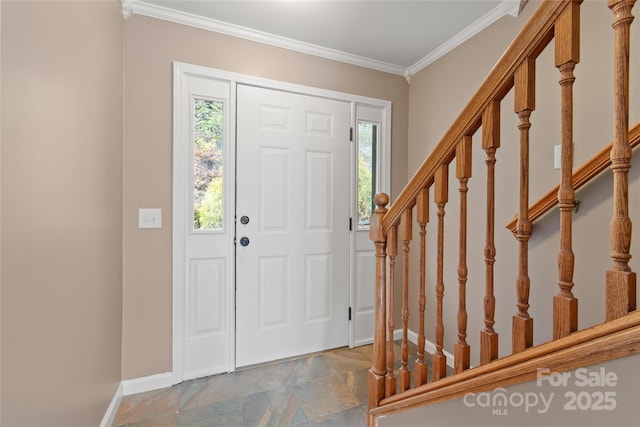 entryway featuring crown molding, stairway, and baseboards