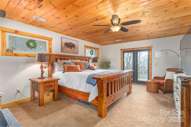 bedroom with carpet, french doors, visible vents, access to outside, and wooden ceiling