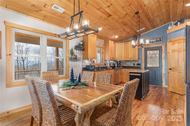 dining space featuring an inviting chandelier, wood ceiling, visible vents, and light wood-style floors