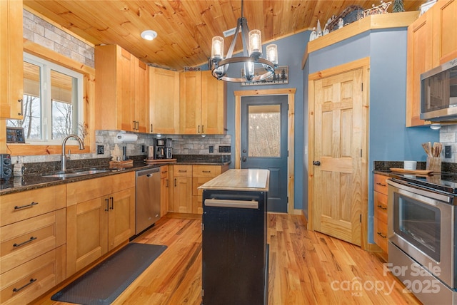 kitchen featuring stainless steel appliances, decorative backsplash, a sink, light wood-type flooring, and wooden ceiling