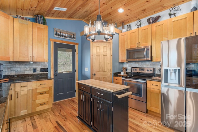 kitchen featuring visible vents, appliances with stainless steel finishes, light wood-style floors, wood ceiling, and vaulted ceiling