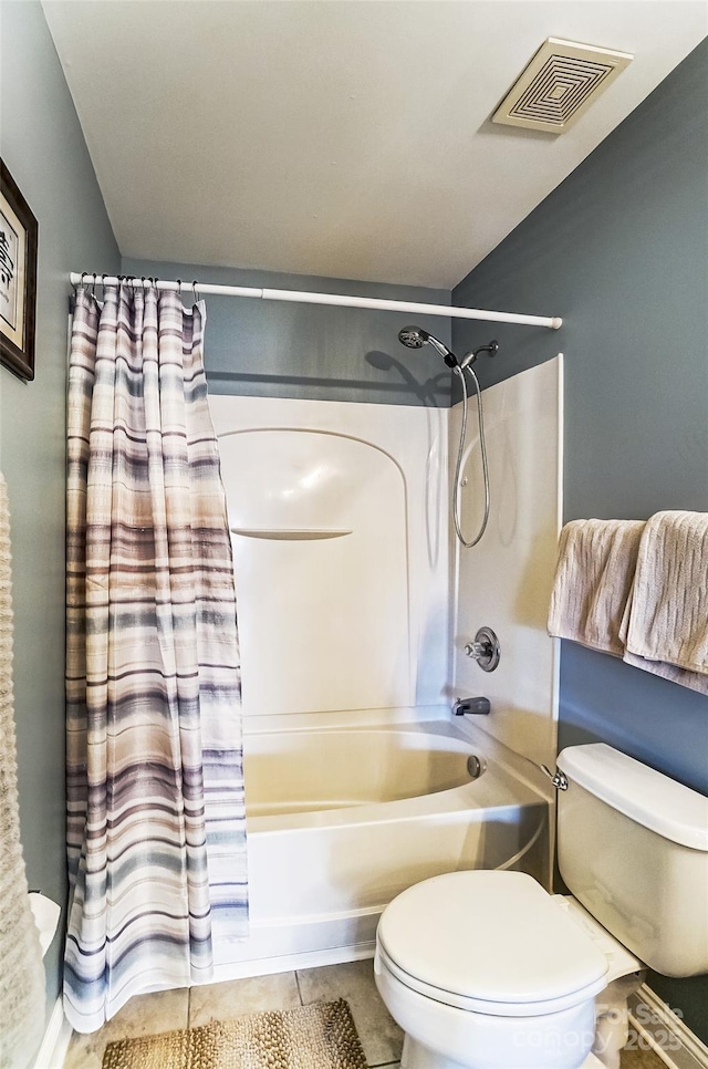 full bathroom featuring toilet, tile patterned flooring, shower / bathtub combination with curtain, and visible vents