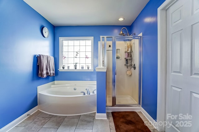 bathroom featuring a garden tub, recessed lighting, a stall shower, baseboards, and tile patterned floors