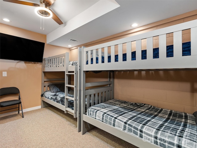 bedroom featuring carpet floors, recessed lighting, ceiling fan, and visible vents