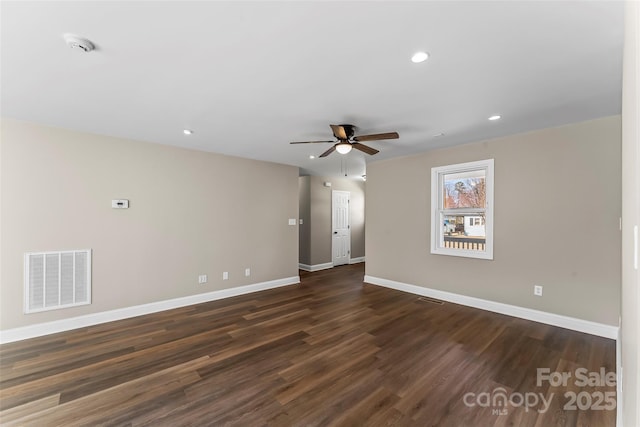spare room with visible vents, baseboards, dark wood-style floors, recessed lighting, and a ceiling fan